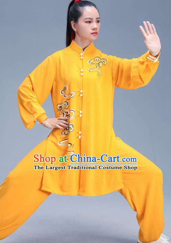 Chinese Traditional Kung Fu Competition Printing Yellow Outfits Martial Arts Stage Show Costumes for Women