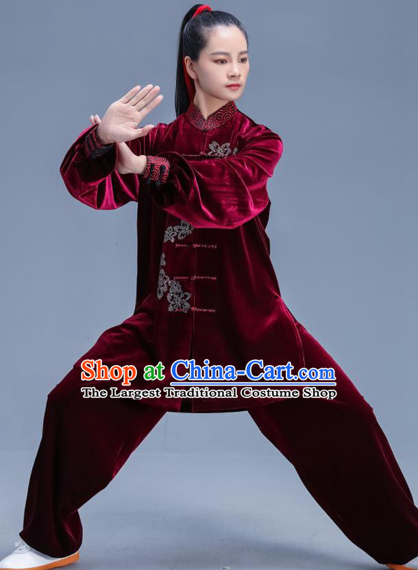 Chinese Traditional Kung Fu Competition Wine Red Velvet Outfits Martial Arts Stage Show Costumes for Women