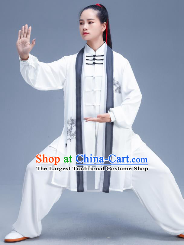 Chinese Traditional Kung Fu Competition Printing Pine White Outfits Martial Arts Stage Show Costumes for Women