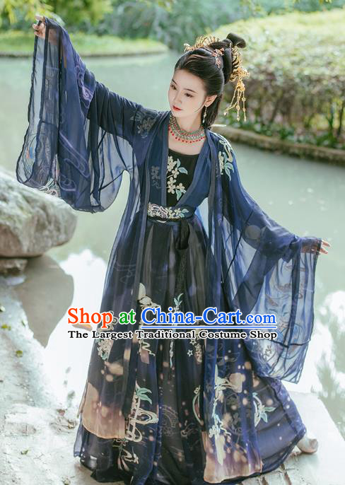 Traditional Chinese Tang Dynasty Imperial Consort Embroidered Navy Hanfu Dress Ancient Empress Costumes for Women