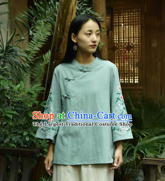 Chinese Tai Chi Embroidered Green Flax Blouse Traditional Tang Suit Costume for Women