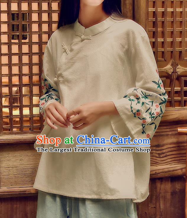 Chinese Tai Chi Embroidered Beige Flax Blouse Traditional Tang Suit Costume for Women