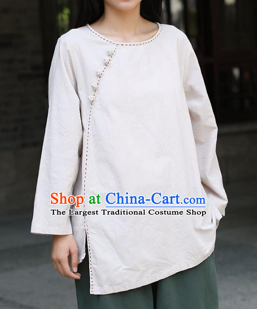 Chinese Tai Chi White Flax Slant Opening Blouse Traditional Tang Suit Costume for Women