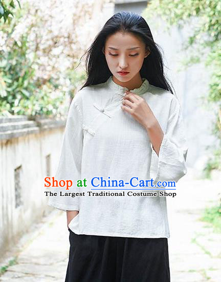 Chinese Tang Suit White Flax Slant Opening Blouse Traditional Tai Chi Costume for Women