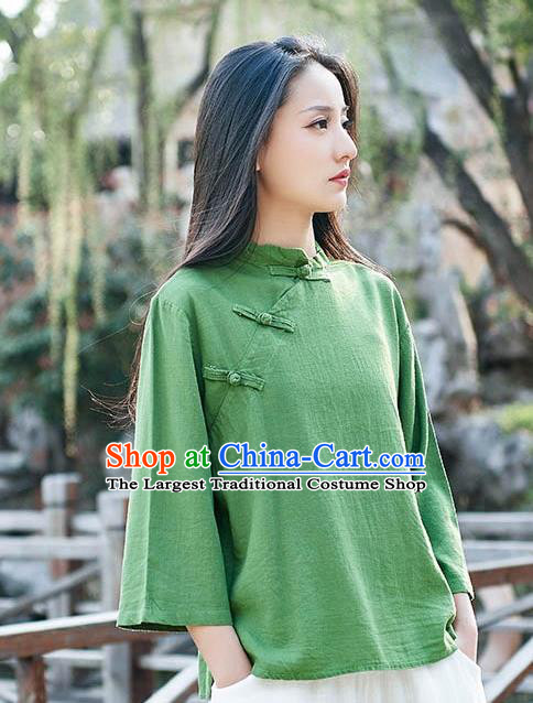 Chinese Tang Suit Green Flax Slant Opening Blouse Traditional Tai Chi Costume for Women