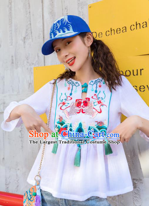 Chinese Embroidered Carps White Shirt Upper Outer Garment Traditional Tang Suit Costume for Women