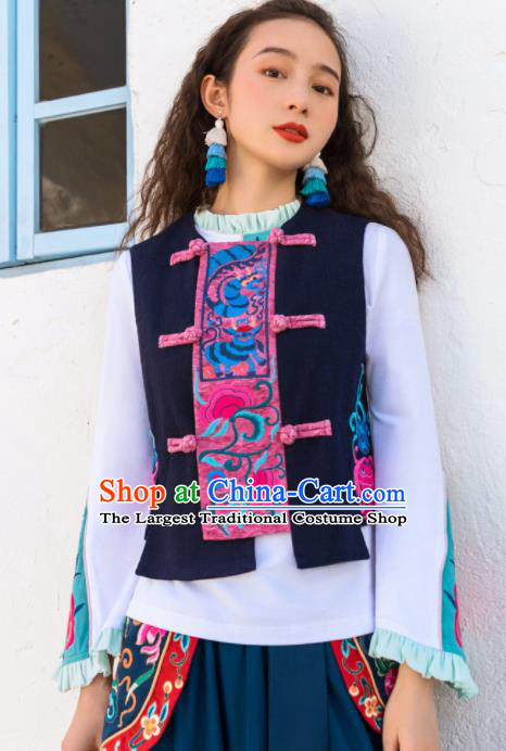 Chinese Embroidered Navy Vest Upper Outer Garment Traditional Tang Suit Waistcoat Costume for Women