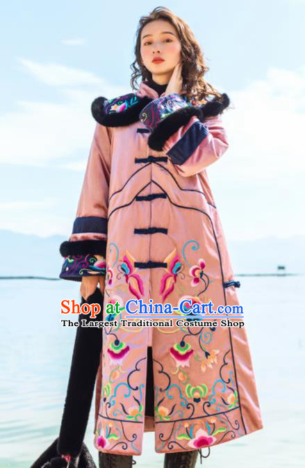 Chinese Traditional Embroidered Pink Cotton Padded Coat National Overcoat Costumes for Women