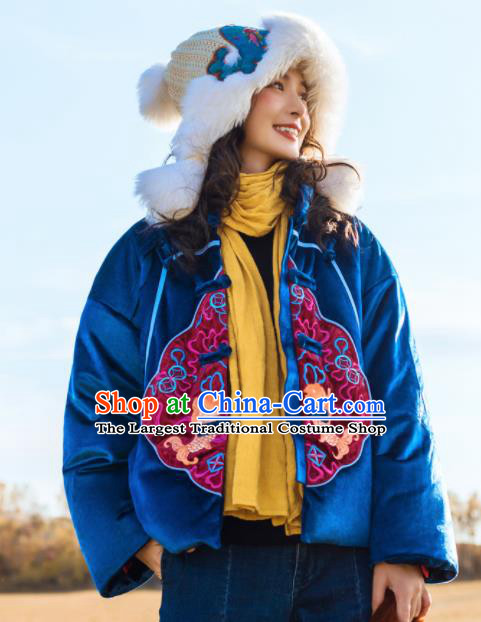 Chinese Traditional Embroidered Fish Blue Cotton Padded Jacket National Overcoat Costumes for Women