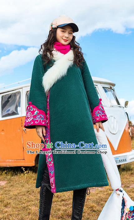 Chinese Traditional Embroidered Green Woolen Dust Coat National Overcoat Costumes for Women