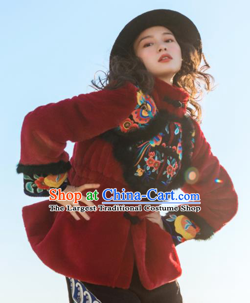 Chinese Traditional Embroidered Red Imitation Fur Jacket National Overcoat Costumes for Women