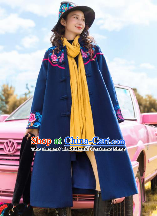 Chinese Traditional Embroidered Peony Navy Woolen Dust Coat National Overcoat Costumes for Women