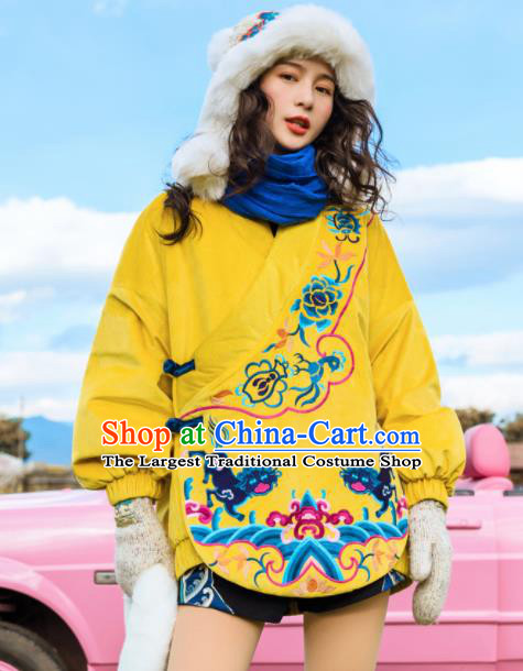 Chinese Traditional Embroidered Yellow Cotton Padded Jacket National Overcoat Costumes for Women