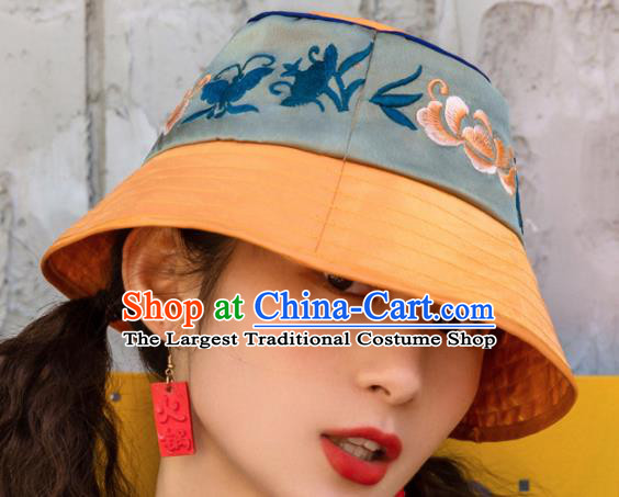 Chinese Traditional Hanfu Embroidered Green Hat National Bucket Hat for Women