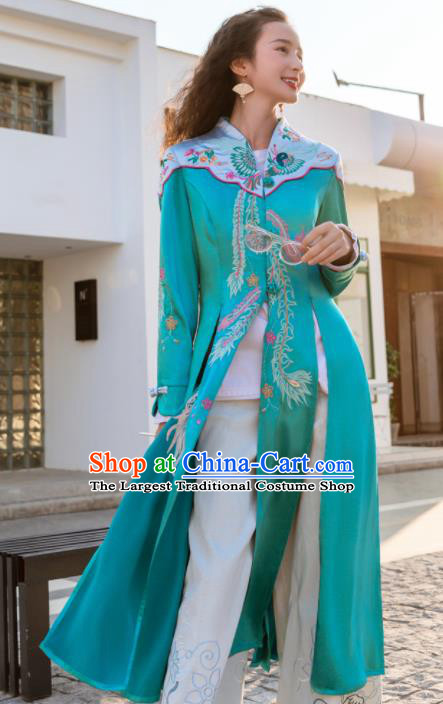 Chinese Traditional Embroidered Green Dust Coat National Overcoat Costumes for Women