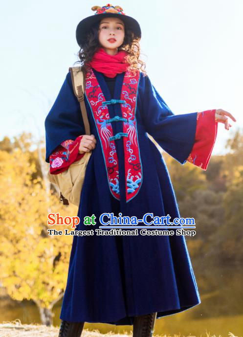 Chinese Traditional Winter Embroidered Navy Woolen Dust Coat National Tang Suit Overcoat Costumes for Women