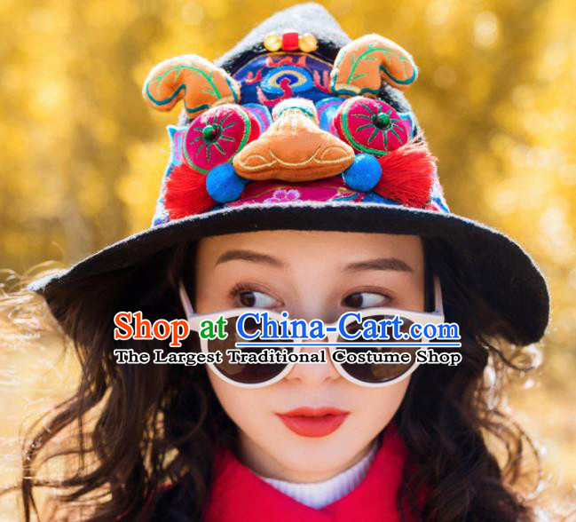 Chinese Traditional Embroidered Tiger Black Hat National Wizard Hat for Women