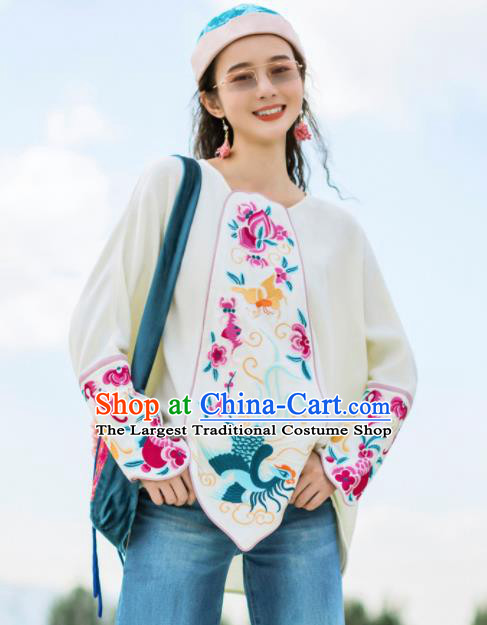 Chinese Traditional Embroidered White Blouse National Upper Outer Garment Tang Suit Shirt Costume for Women