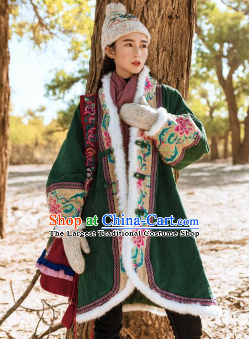 Chinese Traditional Winter Embroidered Green Cotton Padded Coat National Tang Suit Overcoat Costumes for Women