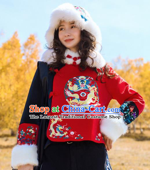 Chinese Traditional Winter Embroidered Red Cotton Padded Jacket National Tang Suit Overcoat Costumes for Women