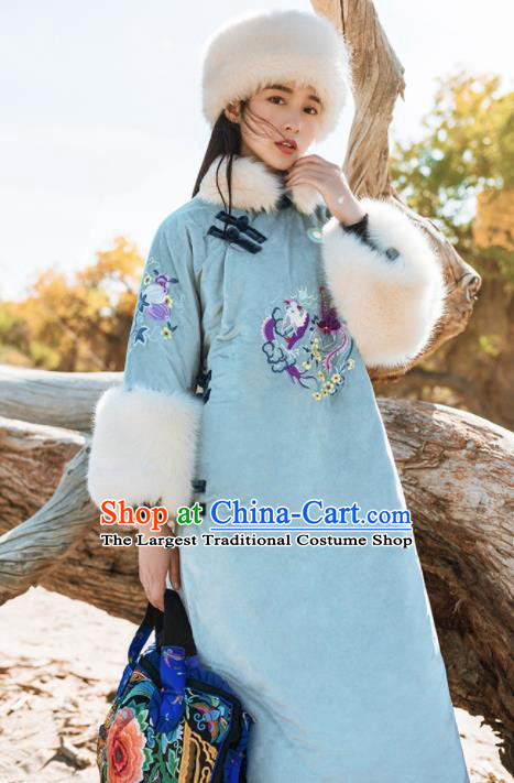 Chinese Traditional Winter Embroidered Blue Cotton Padded Dust Coat National Tang Suit Overcoat Costumes for Women