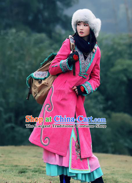 Chinese Traditional Winter Embroidered Rosy Cotton Padded Coat National Tang Suit Overcoat Costumes for Women