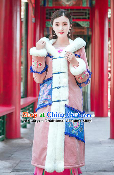 Chinese Traditional Winter Embroidered Hooded Pink Cotton Padded Coat National Tang Suit Overcoat Costumes for Women