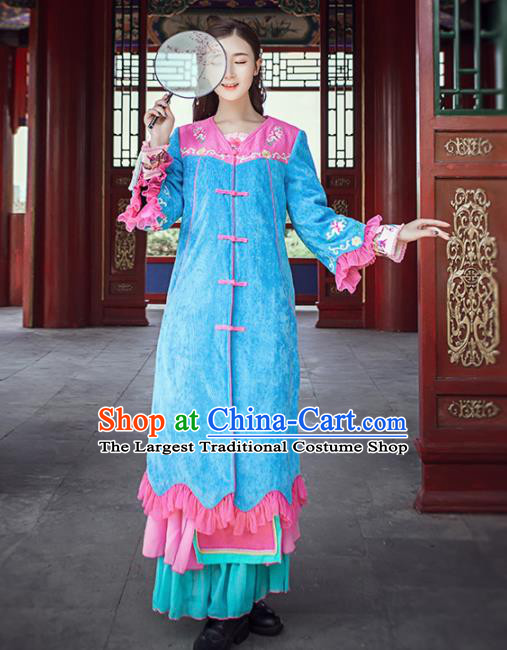 Chinese Traditional Winter Embroidered Blue Cotton Padded Coat National Tang Suit Overcoat Costumes for Women