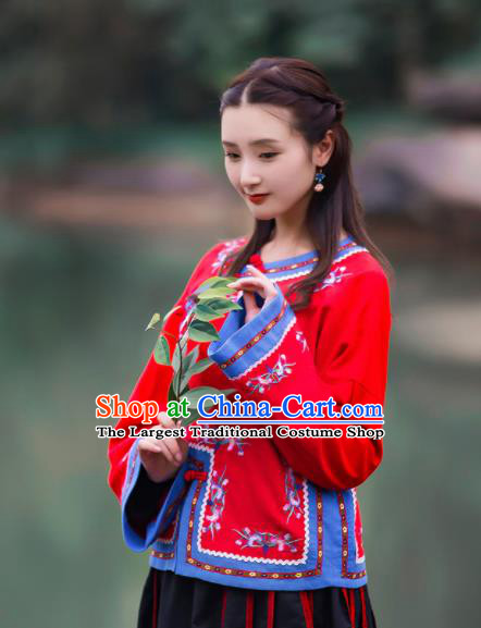 Chinese Traditional Embroidered Red Shirt National Upper Outer Garment Tang Suit Costume for Women