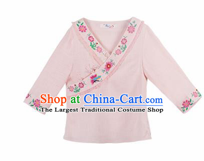 Chinese Traditional Embroidered Light Pink Shirt National Upper Outer Garment Tang Suit Costume for Women