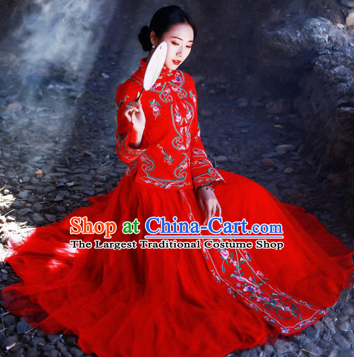 Chinese Traditional Embroidered Red Blouse and Skirt National Tang Suit Cheongsam Costumes for Women