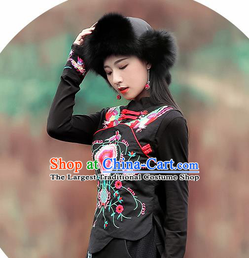 Chinese Traditional Embroidered Black Waistcoat National Upper Outer Garment Tang Suit Costume for Women