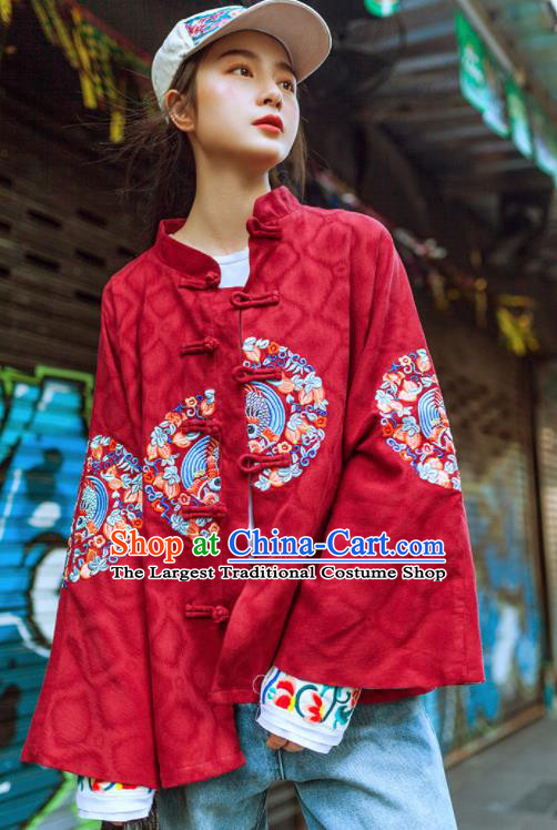 Chinese Traditional Winter Embroidered Red Jacket National Tang Suit Overcoat Costumes for Women