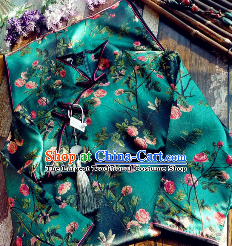 Chinese Traditional Printing Peony Deep Green Qipao Dress National Tang Suit Cheongsam Costumes for Women