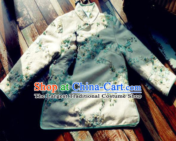 Chinese Traditional Winter Embroidered Green Cotton Padded Jacket National Tang Suit Overcoat Costumes for Women