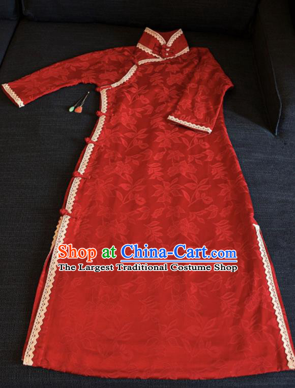 Chinese Traditional Jacquard Red Silk Qipao Dress National Tang Suit Cheongsam Costumes for Women