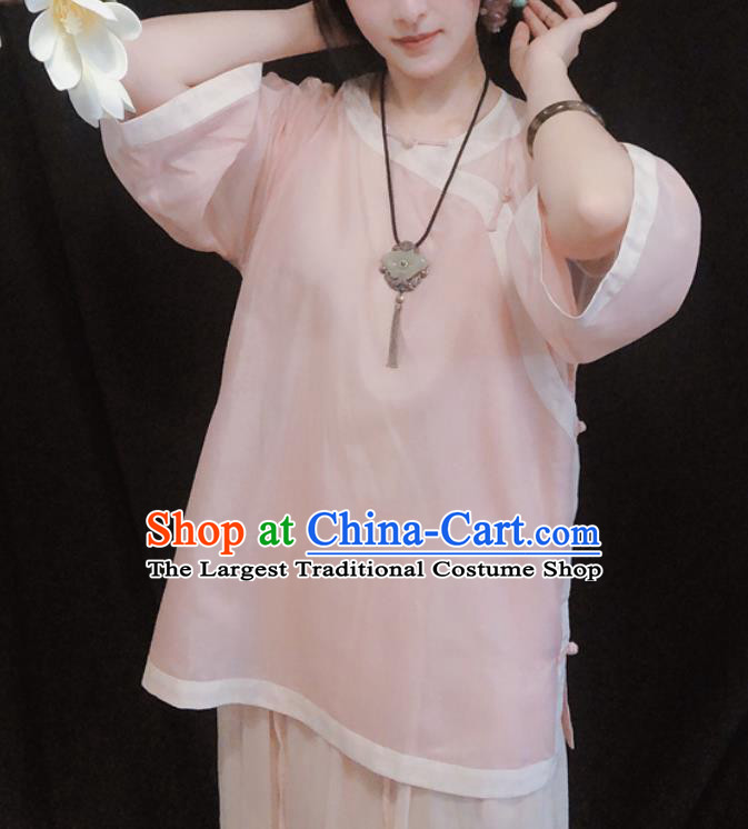 Chinese Traditional Pink Silk Shirt National Upper Outer Garment Tang Suit Blouse Costume for Women