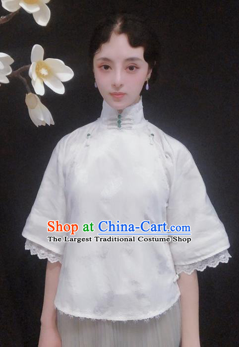 Chinese Traditional Tang Suit White Lace Shirt National Upper Outer Garment Blouse Costume for Women