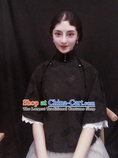 Chinese Traditional Tang Suit Black Lace Shirt National Upper Outer Garment Blouse Costume for Women