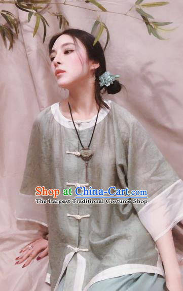 Chinese Traditional Tang Suit Light Green Shirt National Upper Outer Garment Blouse Costume for Women