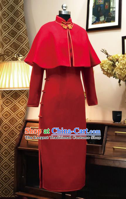 Chinese Traditional Red Woolen Qipao Dress National Tang Suit Cheongsam Costumes for Women