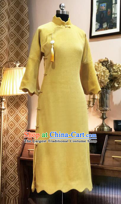 Chinese Traditional Yellow Corduroy Qipao Dress National Tang Suit Cheongsam Costumes for Women