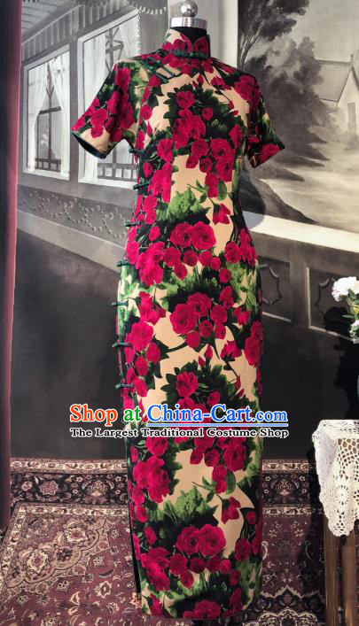 Chinese Traditional Printing Roses Qipao Dress National Tang Suit Cheongsam Costumes for Women