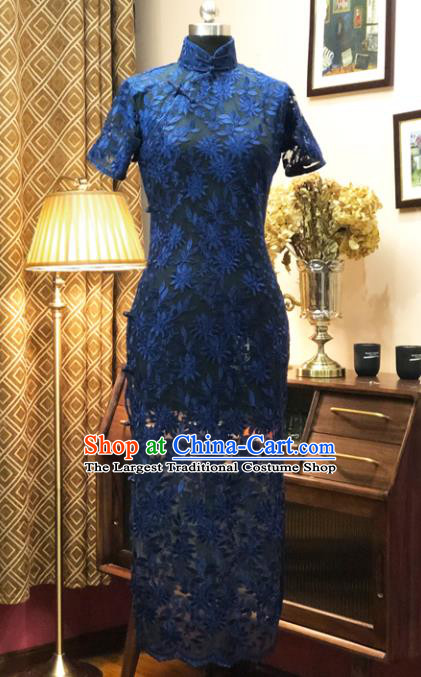 Chinese Traditional Embroidered Blue Lace Qipao Dress National Tang Suit Cheongsam Costumes for Women