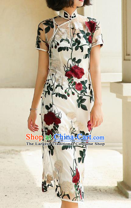 Chinese Traditional Embroidered Peony White Qipao Dress National Tang Suit Cheongsam Costumes for Women