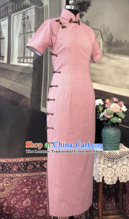 Chinese Traditional Pink Flax Qipao Dress National Tang Suit Cheongsam Costumes for Women