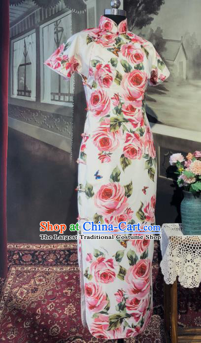 Chinese Traditional Printing Roses White Qipao Dress National Tang Suit Cheongsam Costumes for Women