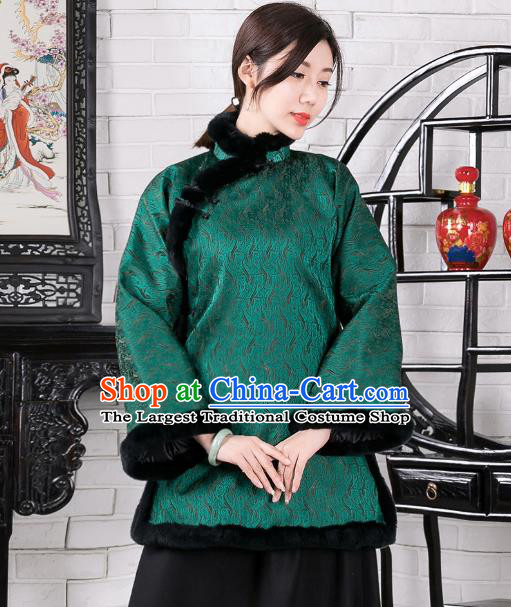 Chinese Traditional Winter Green Coat National Tang Suit Overcoat Costumes for Women