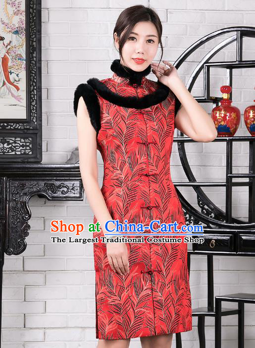 Chinese Traditional Winter Red Vest Qipao Dress National Tang Suit Cheongsam Costumes for Women