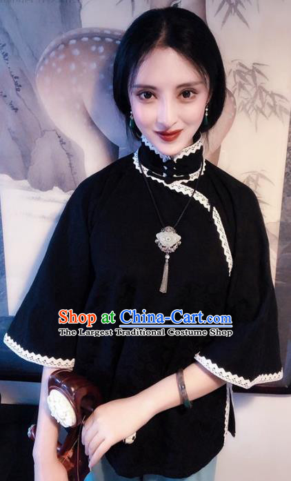 Chinese Traditional Black Shirt National Tang Suit Upper Outer Garment Blouse Costume for Women